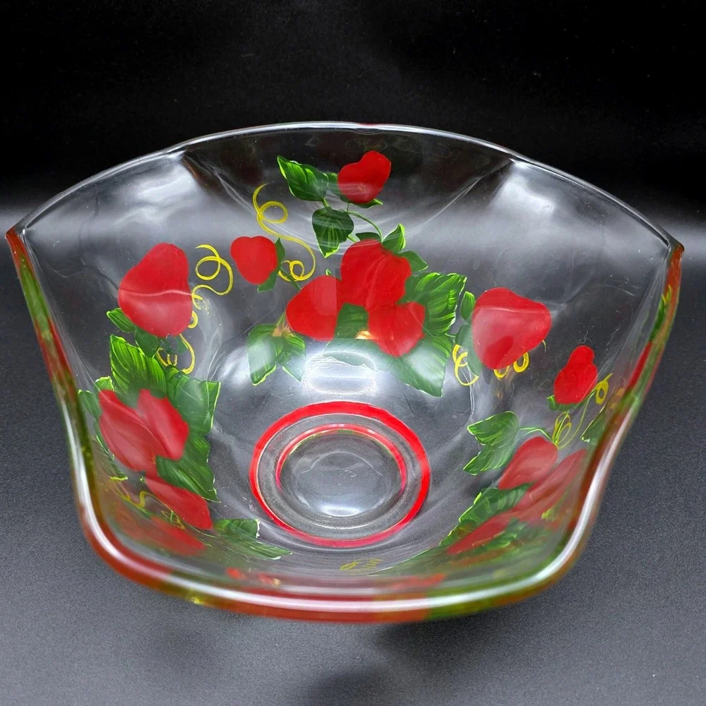 Hand Painted Strawberry Glass Serving Salad Bowl Triangular‎ Ruffled Clear Red